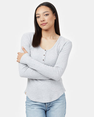 Gray Women's Waffle Knit Button Longsleeve Shirt