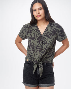 Green,Gray Women's Button Tie Front Shirt